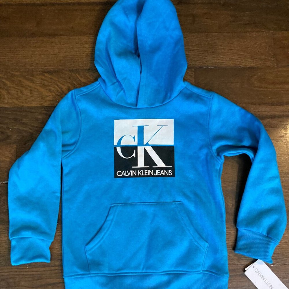 CALVIN KLEIN JEANS Kids "Big Logo" Lt Blue Teal Pullover Hoodie Size 5 NWT